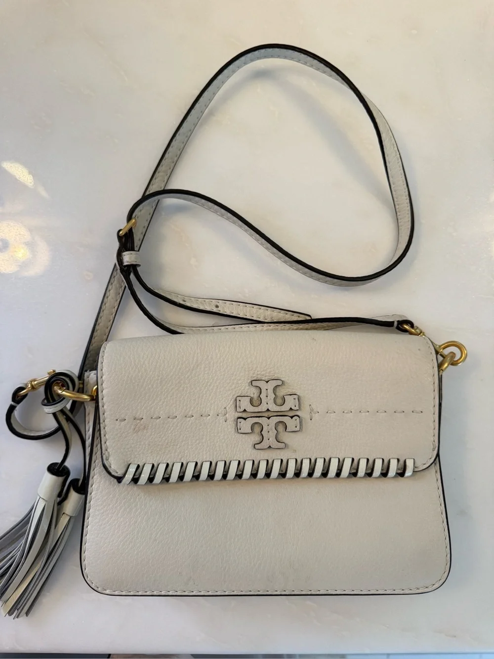 Tory Burch Cream Leather Crossbody with Whipstitch & Tassel